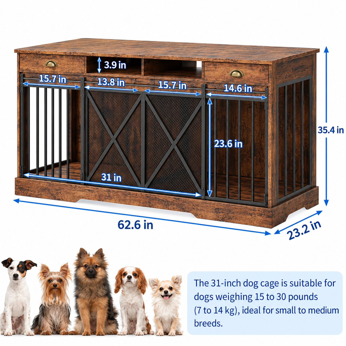 Kovup Double Sliding Dog Crate Furniture – Indoor Dual Kennel Credenza with Storage Drawers for Living Room