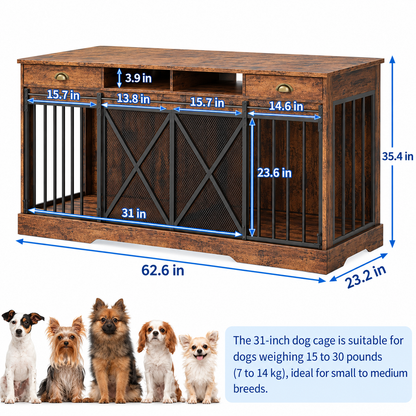 Kovup Double Sliding Dog Crate Furniture – Indoor Dual Kennel Credenza with Storage Drawers for Living Room