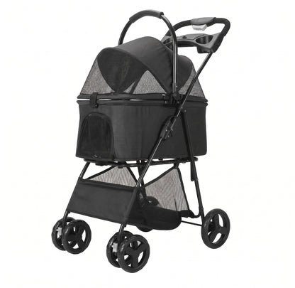 Foldable Detachable Carrier Pet Stroller – 3-in-1 Travel Jogger with Mesh Canopy Storage Basket and Cup Holders