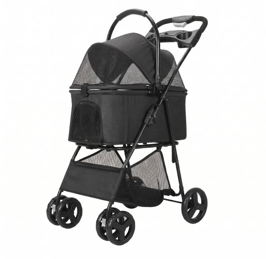 Foldable Detachable Carrier Pet Stroller – 3-in-1 Travel Jogger with Mesh Canopy Storage Basket and Cup Holders