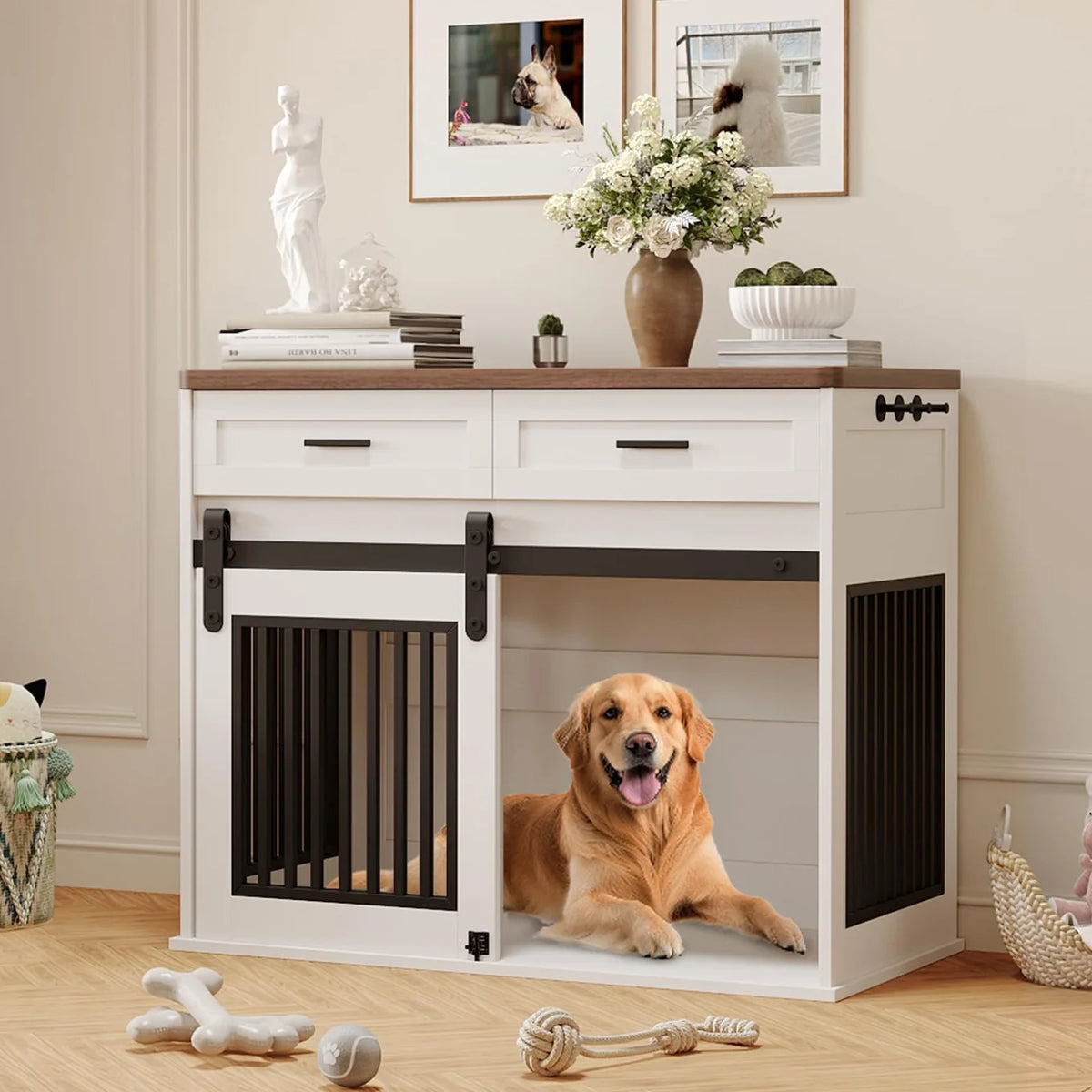 Pawkel Barn-Door Dog Crate Furniture – Indoor Pet Kennel Credenza with Storage Drawers and Sliding Door