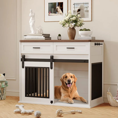 Pawkel Barn-Door Dog Crate Furniture – Indoor Pet Kennel Credenza with Storage Drawers and Sliding Door