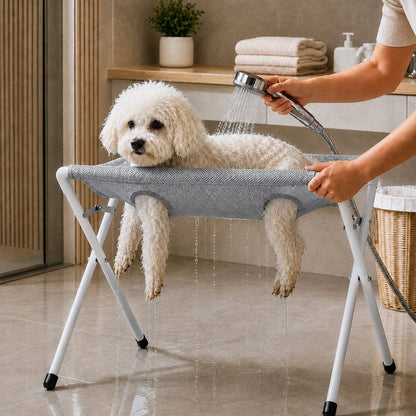 Folding Elevated Dog Grooming Stand – Hammock Station for Cat Bathing, Shower Washing and Nail Trimming