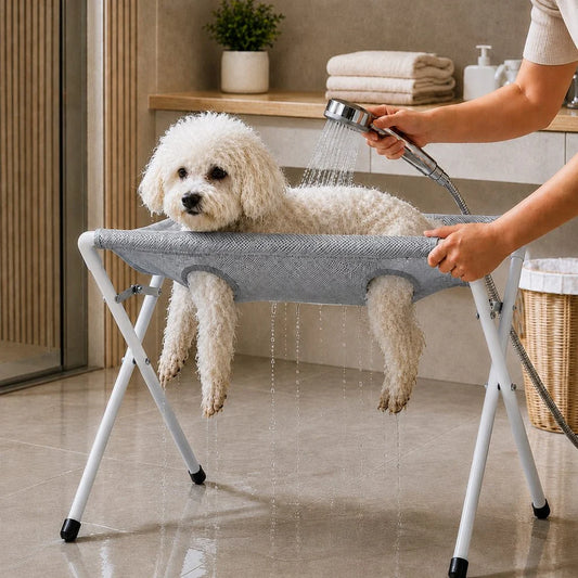 Folding Elevated Dog Grooming Stand – Hammock Station for Cat Bathing, Shower Washing and Nail Trimming