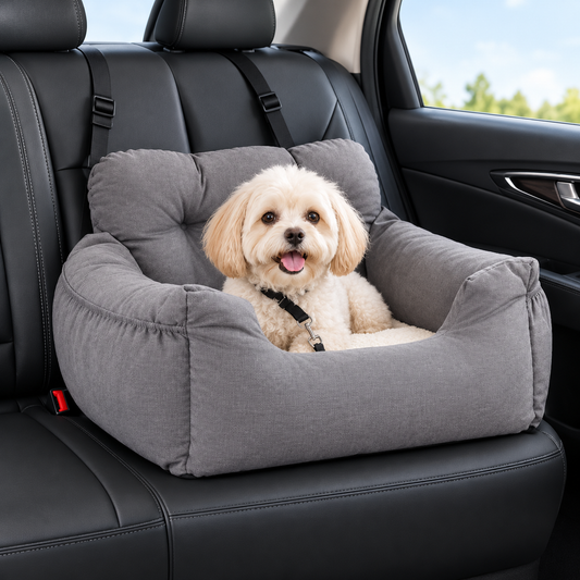 Bolstered Dog Car Seat – Travel Booster Bed with Adjustable Headrest Strap and Side Storage Pocket for Small Pets