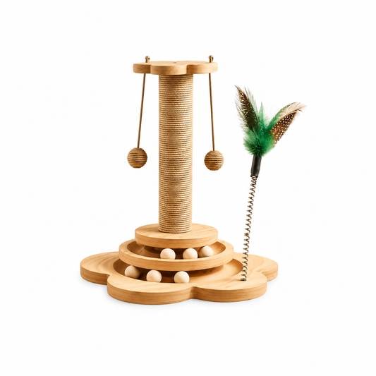 Interactive Track Cat Scratching Post – Two-Tier Ball Tower with Spring Teaser Feather Toy for Indoor Cats