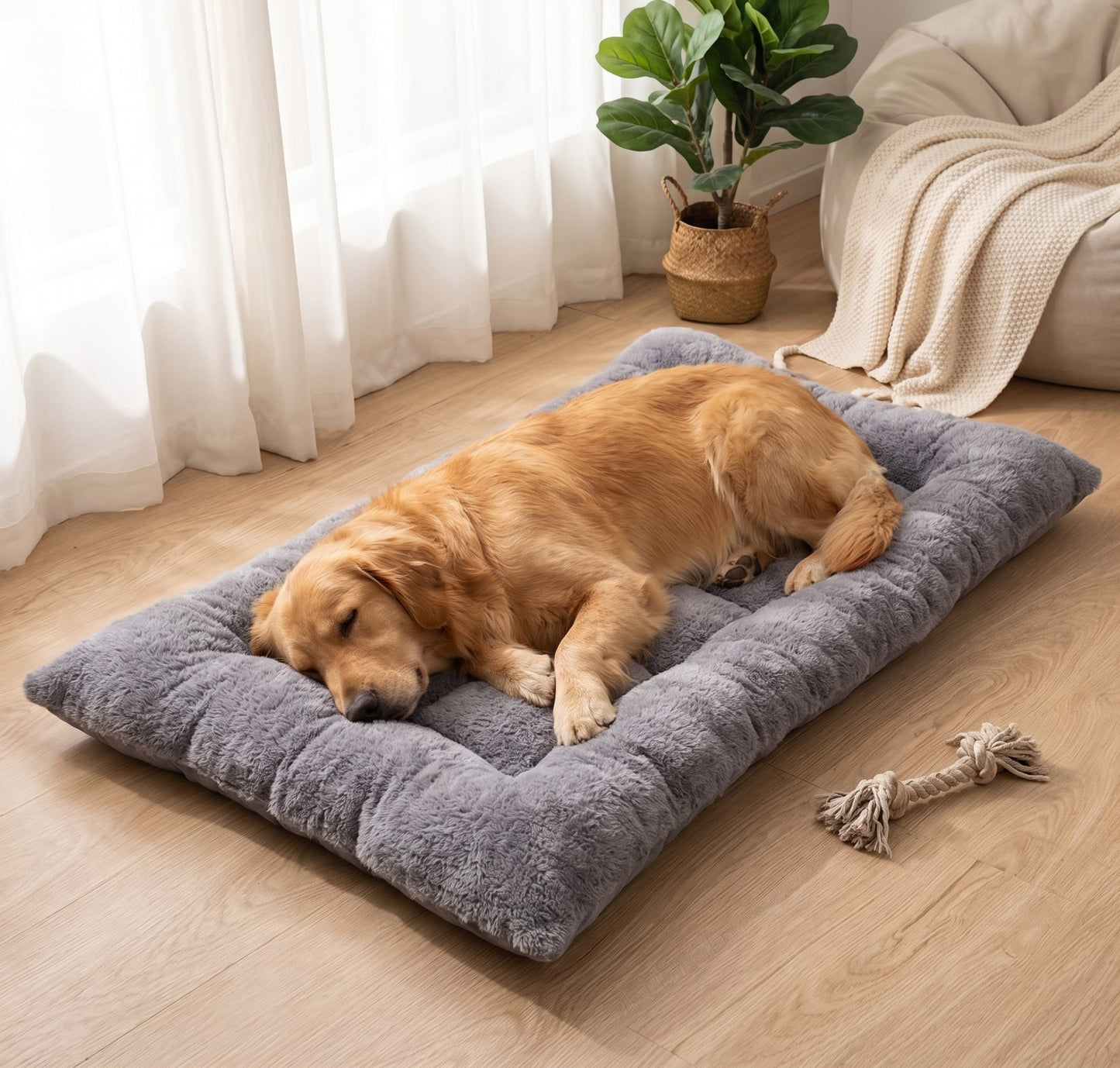 Tufted Padded Rectangular Pet Bed – Large Soft Floor Lounger Mat with Raised Bolster Edges for Dogs and Cats