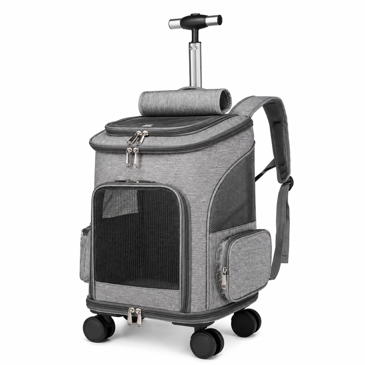 Rolling Telescopic Handle Pet Backpack – Wheeled Travel Trolley Carrier with Mesh Windows and Dual-Sided Mat for Cats