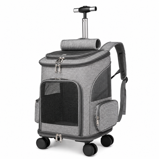 Rolling Telescopic Handle Pet Backpack – Wheeled Travel Trolley Carrier with Mesh Windows and Dual-Sided Mat for Cats