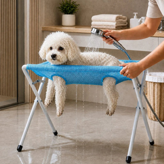 Folding Elevated Dog Grooming Stand – Hammock Station for Cat Bathing, Shower Washing and Nail Trimming