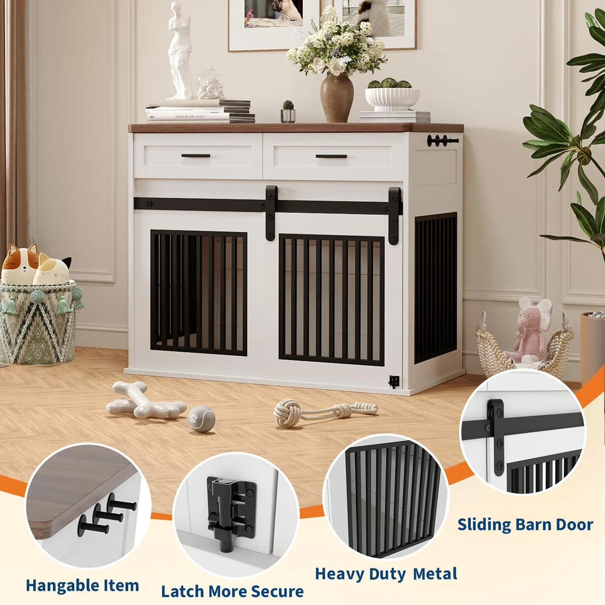 Pawkel Barn-Door Dog Crate Furniture – Indoor Pet Kennel Credenza with Storage Drawers and Sliding Door