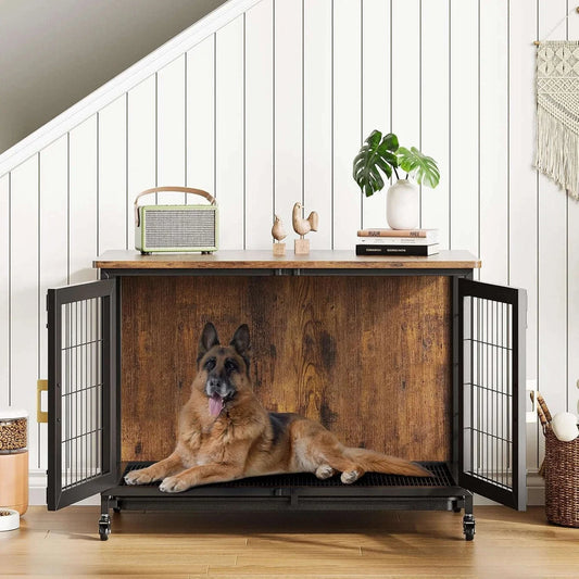 Pawvov 37.5" Rolling Double-Door Dog Crate Furniture – End Table Kennel with Removable Pull-Out Tray Zapawzy