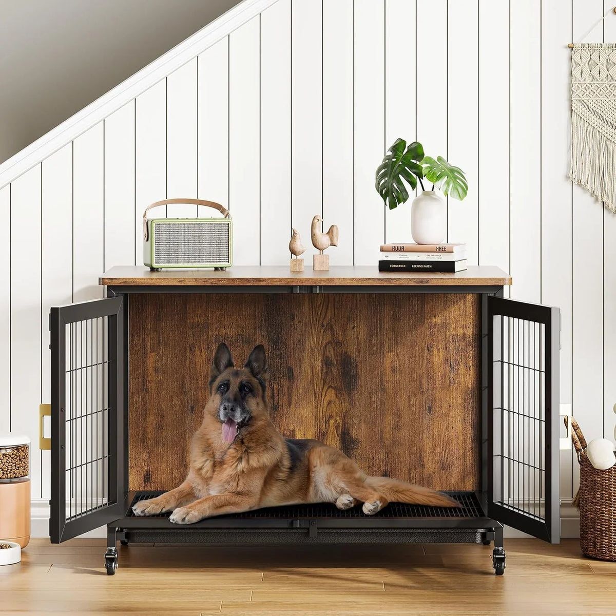 Pawvov 37.5" Rolling Double-Door Dog Crate Furniture – End Table Kennel with Removable Pull-Out Tray