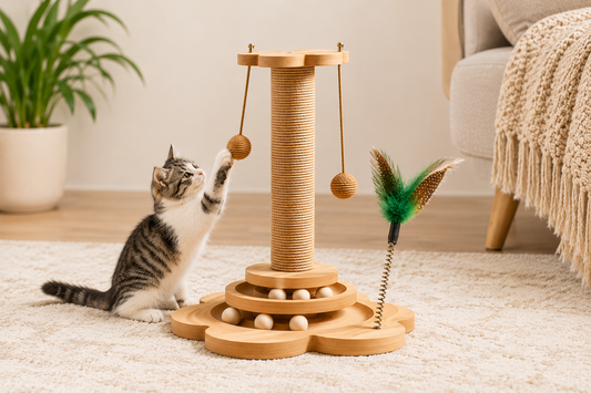 Interactive Track Cat Scratching Post – Two-Tier Ball Tower with Spring Teaser Feather Toy for Indoor Cats