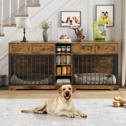 Pawlek Storage Credenza Dog Crate Furniture – Dual Kennel Sideboard with Drawers and Shelves for Pet Supplies
