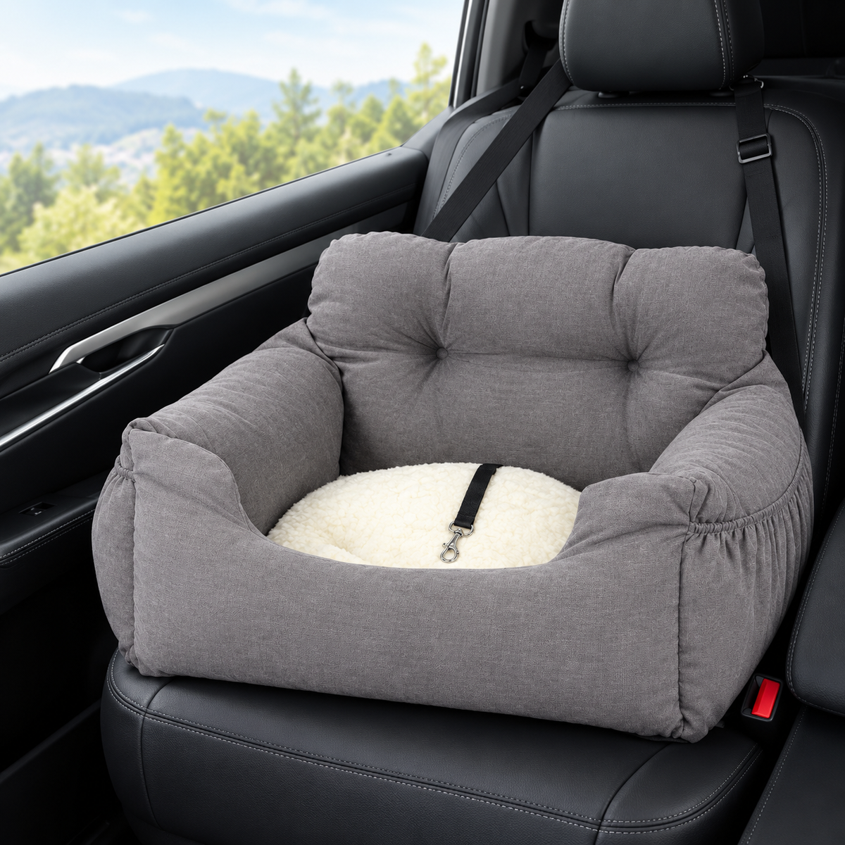Bolstered Dog Car Seat – Travel Booster Bed with Adjustable Headrest Strap and Side Storage Pocket for Small Pets