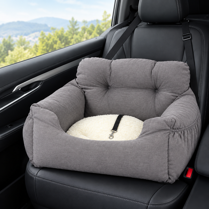 Bolstered Dog Car Seat – Travel Booster Bed with Adjustable Headrest Strap and Side Storage Pocket for Small Pets