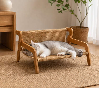 Elevated Lounge Cat Bed – Raised Pet Sofa Hammock with Backrest and Armrests for Indoor Animals
