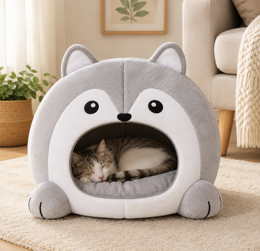 Enclosed Plush Cat Cave Bed – Indoor Igloo Cave House with Removable Padded Cushion for Small Dogs and Kittens