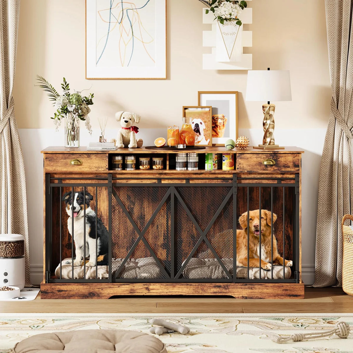Kovup Double Sliding Dog Crate Furniture – Indoor Dual Kennel Credenza with Storage Drawers for Living Room