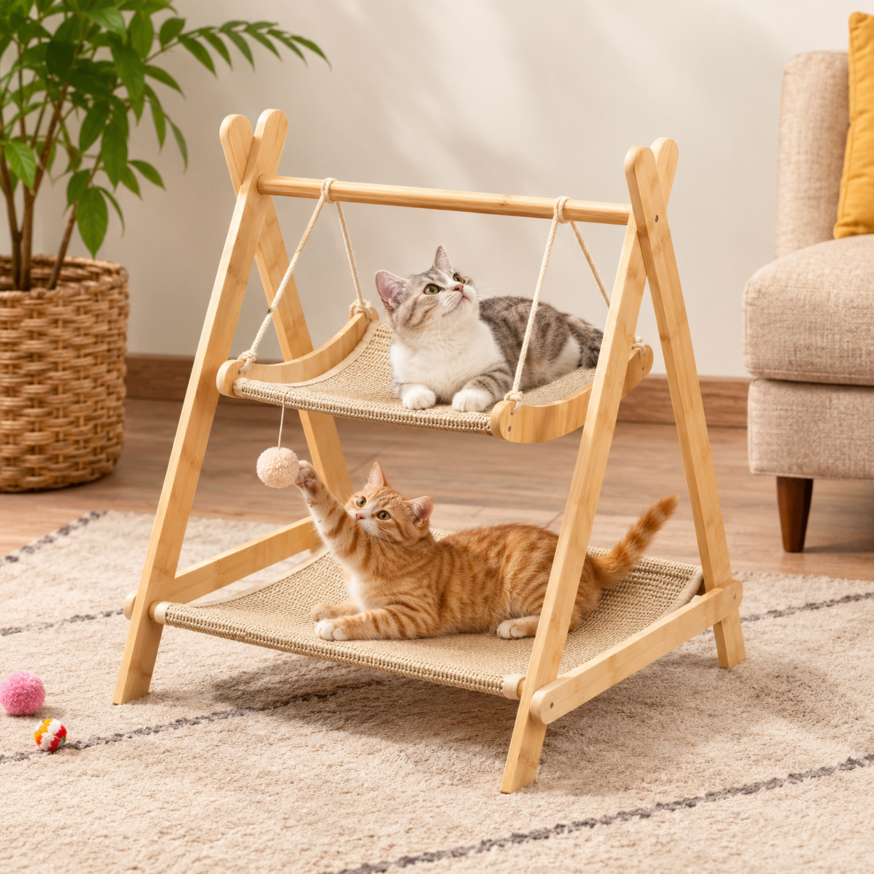 Hanging Swing Cat Bed – Freestanding A-Frame Double-Tier Pet Hammock Lounger for Indoor Cats