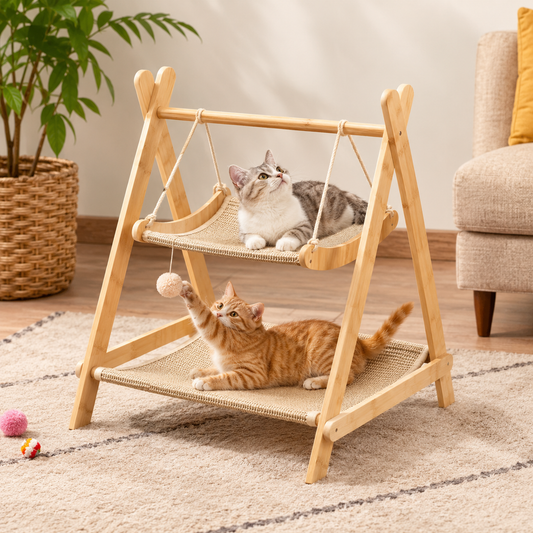 Hanging Swing Cat Bed – Freestanding A-Frame Double-Tier Pet Hammock Lounger for Indoor Cats