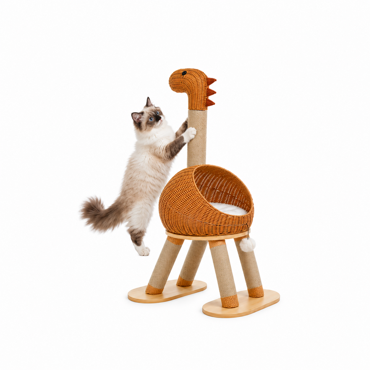Dinosaur Scratching Cat Tree – Climbing Tower with Woven Condo Cave Post and Hanging Toy for Indoor Cats