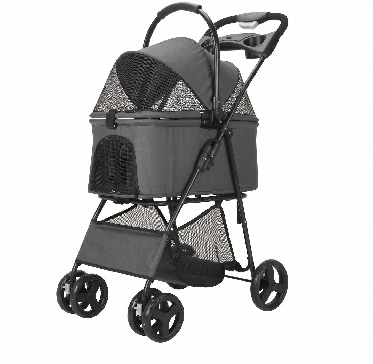 Foldable Detachable Carrier Pet Stroller – 3-in-1 Travel Jogger with Mesh Canopy Storage Basket and Cup Holders