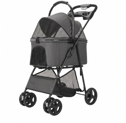 Foldable Detachable Carrier Pet Stroller – 3-in-1 Travel Jogger with Mesh Canopy Storage Basket and Cup Holders