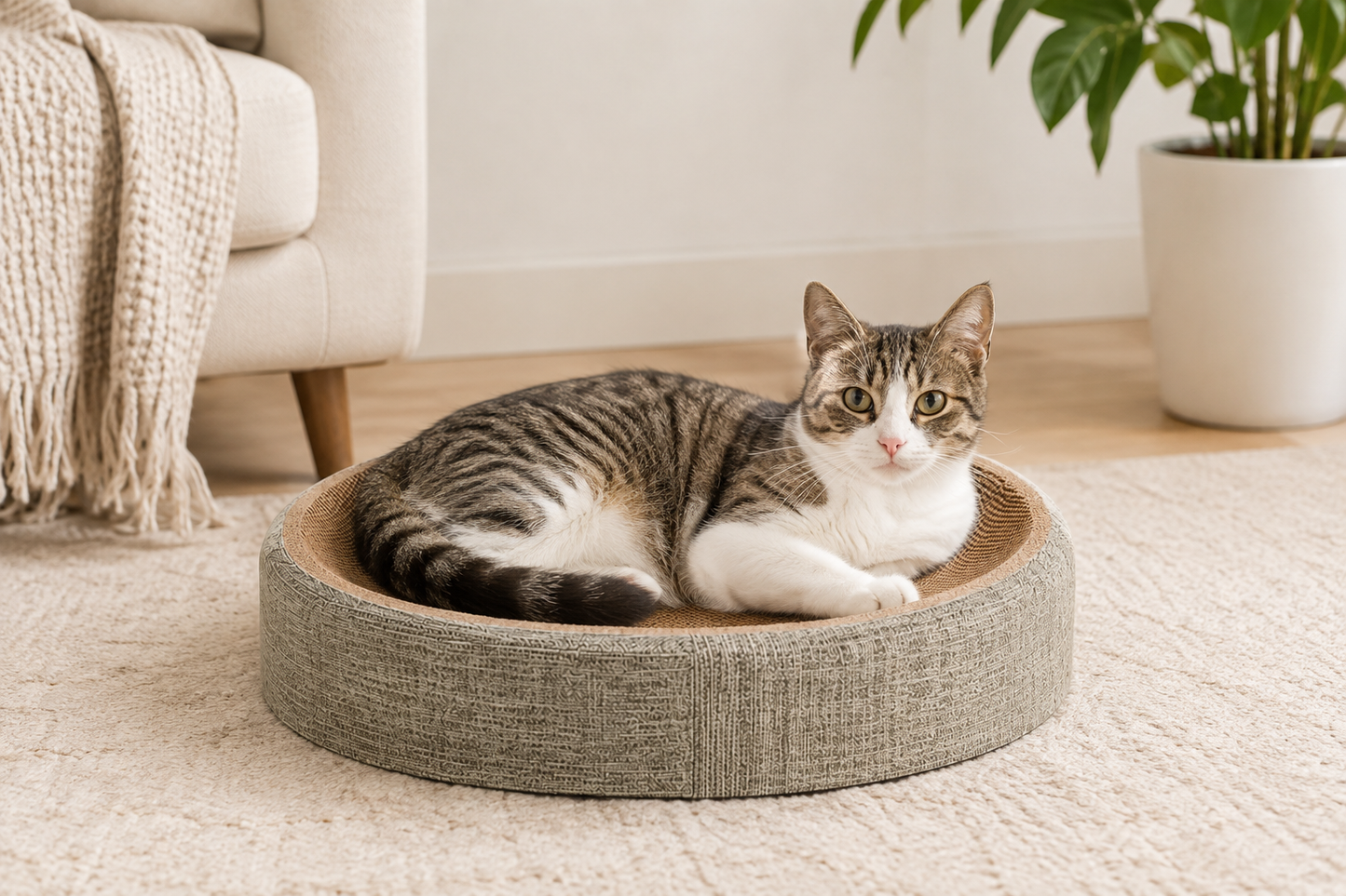 Oval Scratch Pad Cat Bed – Concave Claw Scratcher Lounge with Non-Slip Bottom for Indoor Pets