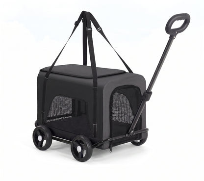 Foldable Detachable Pet Stroller Trolley – 2-in-1 Travel Trolley with Four Wheels Mesh Windows and Shoulder Strap