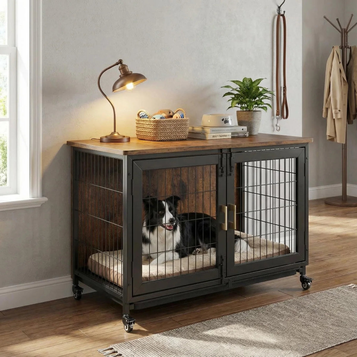Pawvov 37.5" Rolling Double-Door Dog Crate Furniture – End Table Kennel with Removable Pull-Out Tray