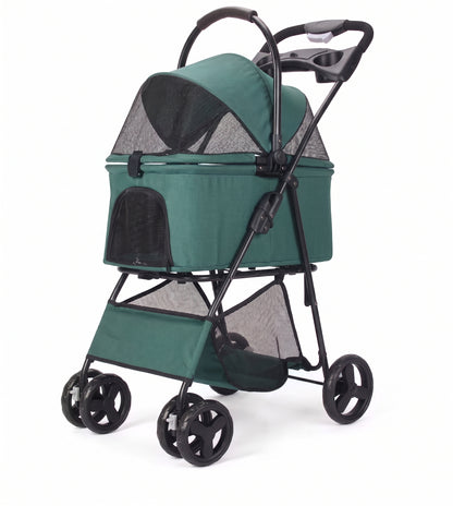 Foldable Detachable Carrier Pet Stroller – 3-in-1 Travel Jogger with Mesh Canopy Storage Basket and Cup Holders
