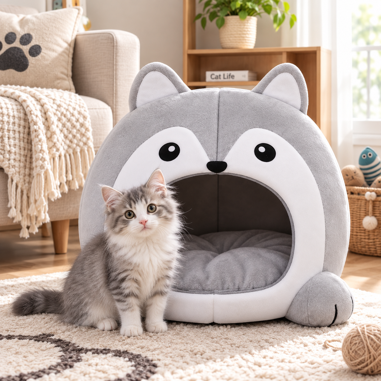 Enclosed Plush Cat Cave Bed – Indoor Igloo Cave House with Removable Padded Cushion for Small Dogs and Kittens