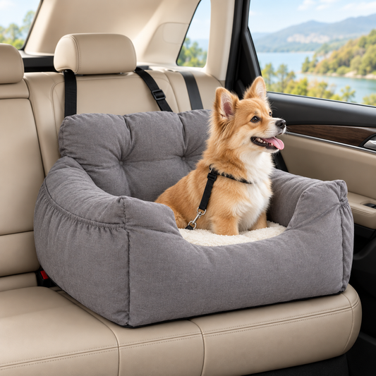 Bolstered Dog Car Seat – Travel Booster Bed with Adjustable Headrest Strap and Side Storage Pocket for Small Pets