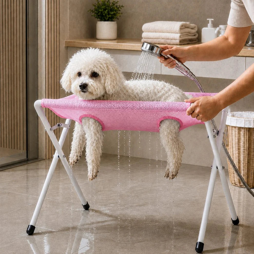 Folding Elevated Dog Grooming Stand – Hammock Station for Cat Bathing, Shower Washing and Nail Trimming