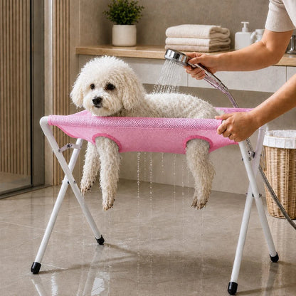Folding Elevated Dog Grooming Stand – Hammock Station for Cat Bathing, Shower Washing and Nail Trimming