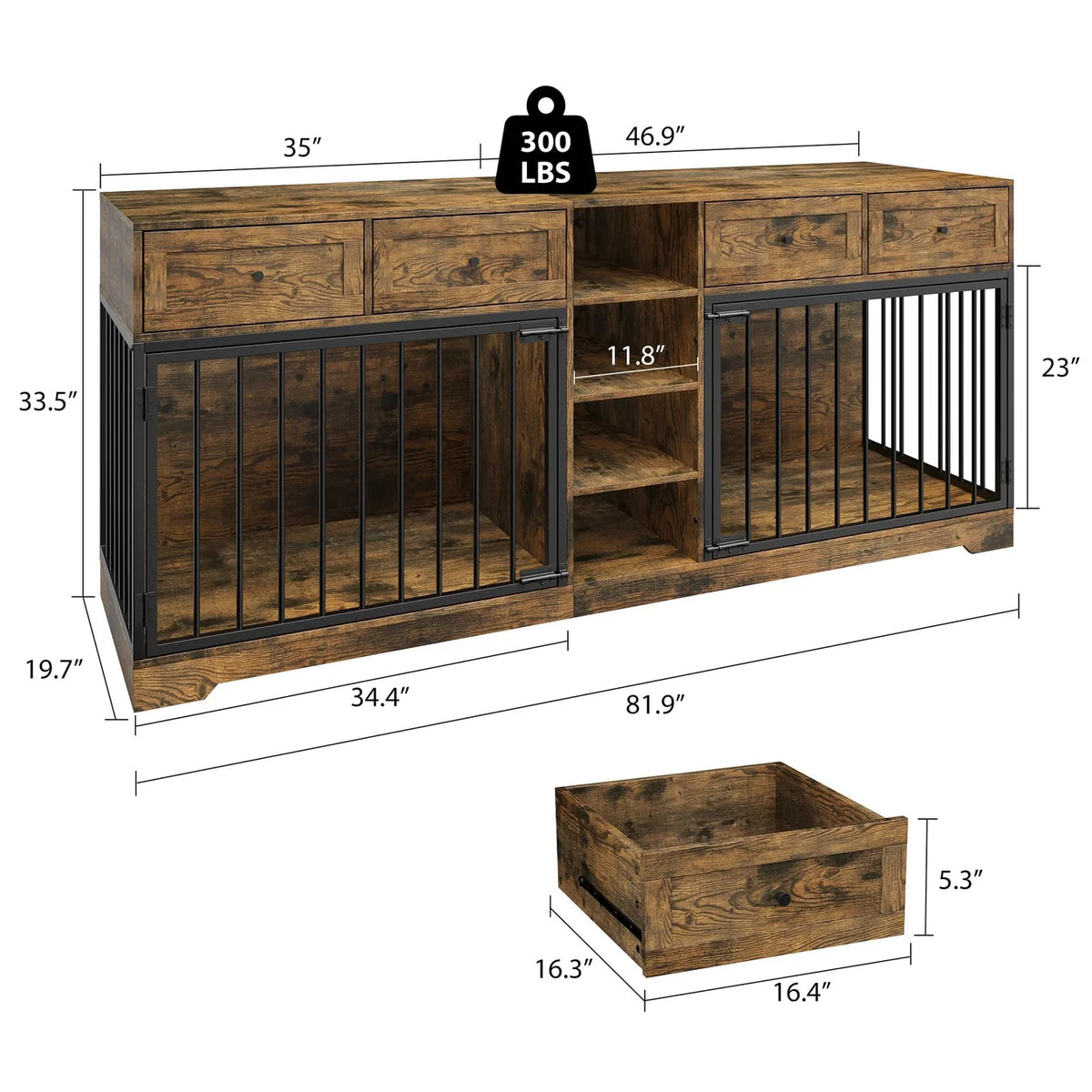 Pawlek Storage Credenza Dog Crate Furniture – Dual Kennel Sideboard with Drawers and Shelves for Pet Supplies