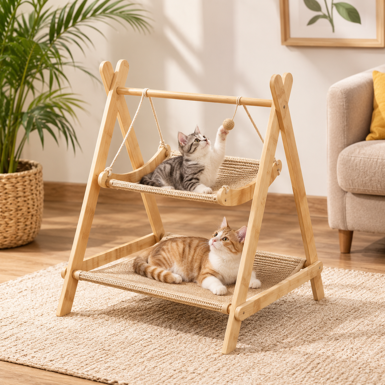 Hanging Swing Cat Bed – Freestanding A-Frame Double-Tier Pet Hammock Lounger for Indoor Cats