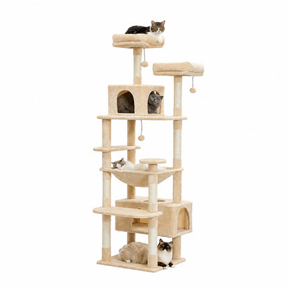 Multi-Level Scratching Cat Tree Large – Climbing Tower Activity Center with Condos Hammock and Perches for Indoor Cats
