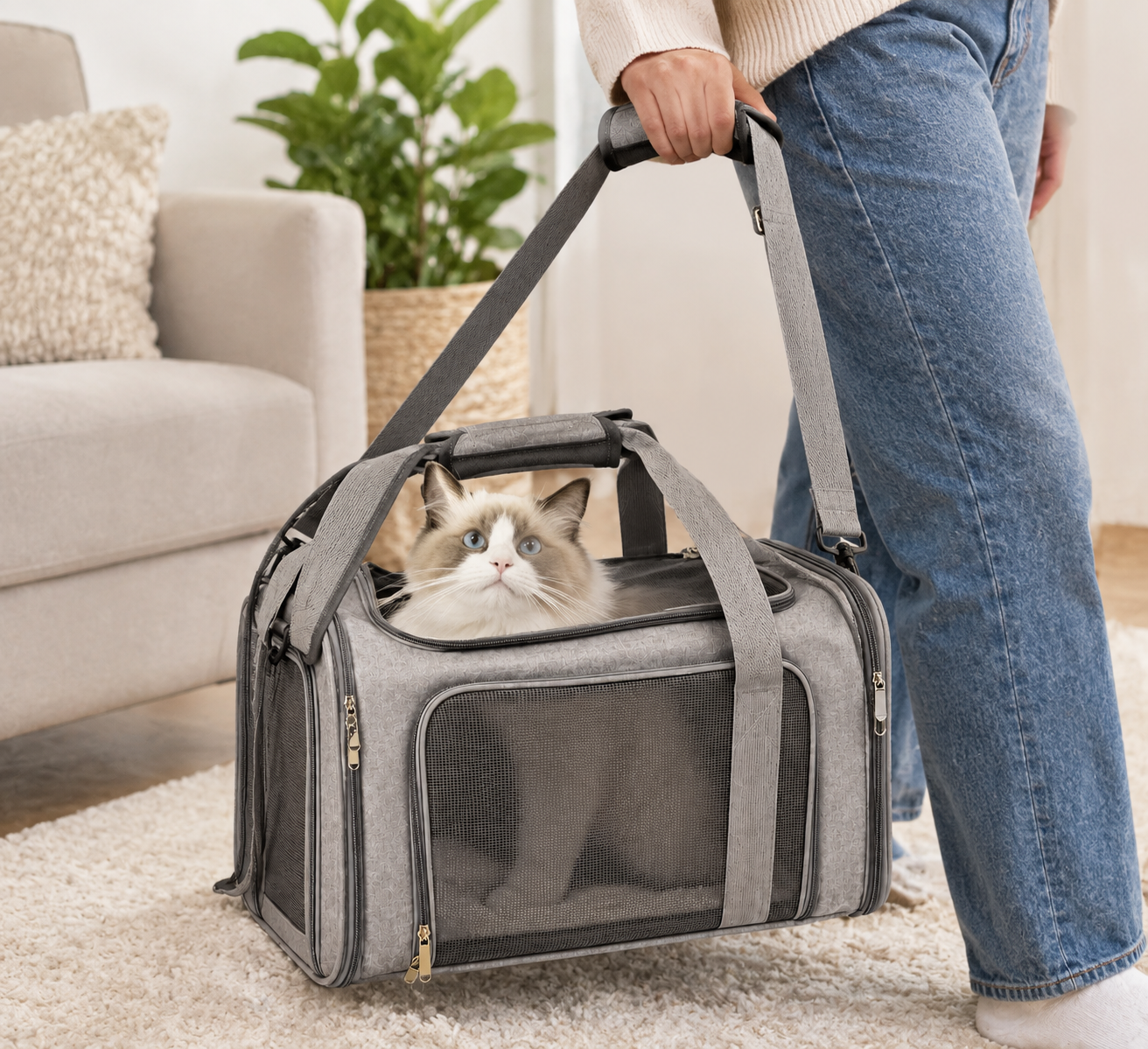 Breathable Foldable Pet Carrier – Soft-Sided Travel Bag with Mesh Windows Shoulder Strap and Removable Fleece Mat