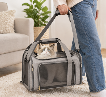 Breathable Foldable Pet Carrier – Soft-Sided Travel Bag with Mesh Windows Shoulder Strap and Removable Fleece Mat