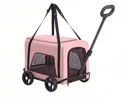 Foldable Detachable Pet Stroller Trolley – 2-in-1 Travel Trolley with Four Wheels Mesh Windows and Shoulder Strap
