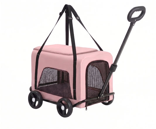 Foldable Detachable Pet Stroller Trolley – 2-in-1 Travel Trolley with Four Wheels Mesh Windows and Shoulder Strap