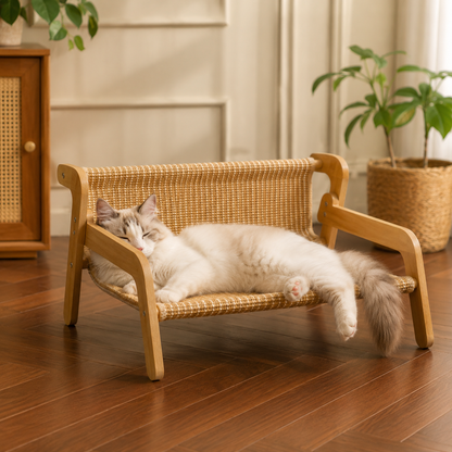 Elevated Lounge Cat Bed – Raised Pet Sofa Hammock with Backrest and Armrests for Indoor Animals