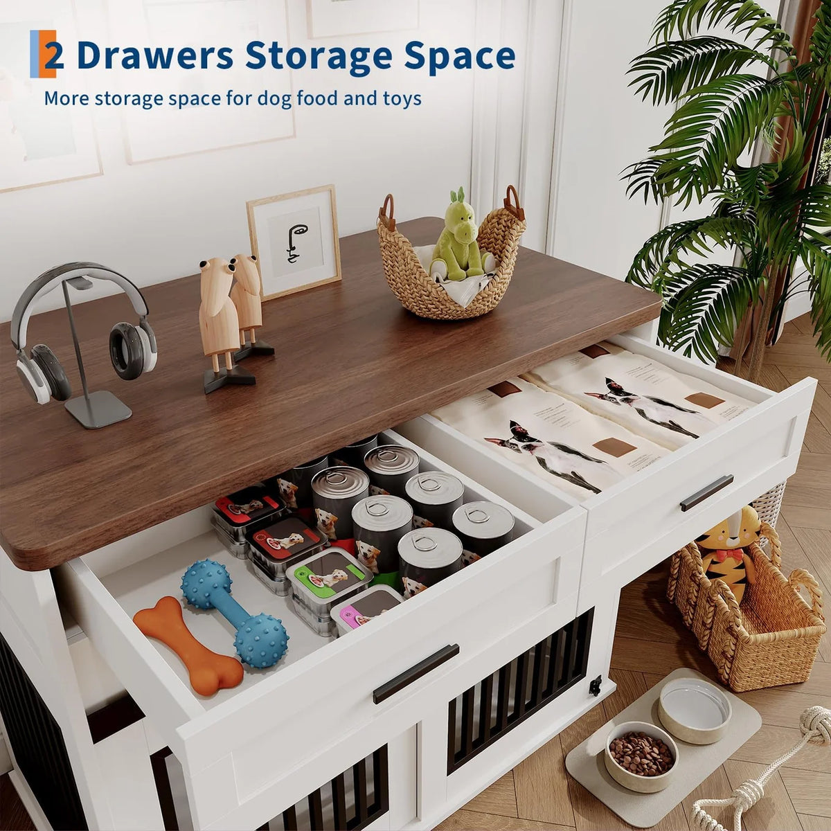 Pawkel Barn-Door Dog Crate Furniture – Indoor Pet Kennel Credenza with Storage Drawers and Sliding Door