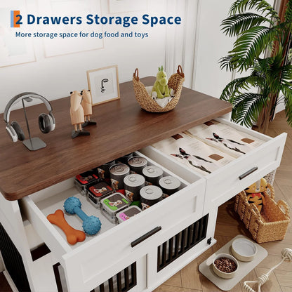 Pawkel Barn-Door Dog Crate Furniture – Indoor Pet Kennel Credenza with Storage Drawers and Sliding Door