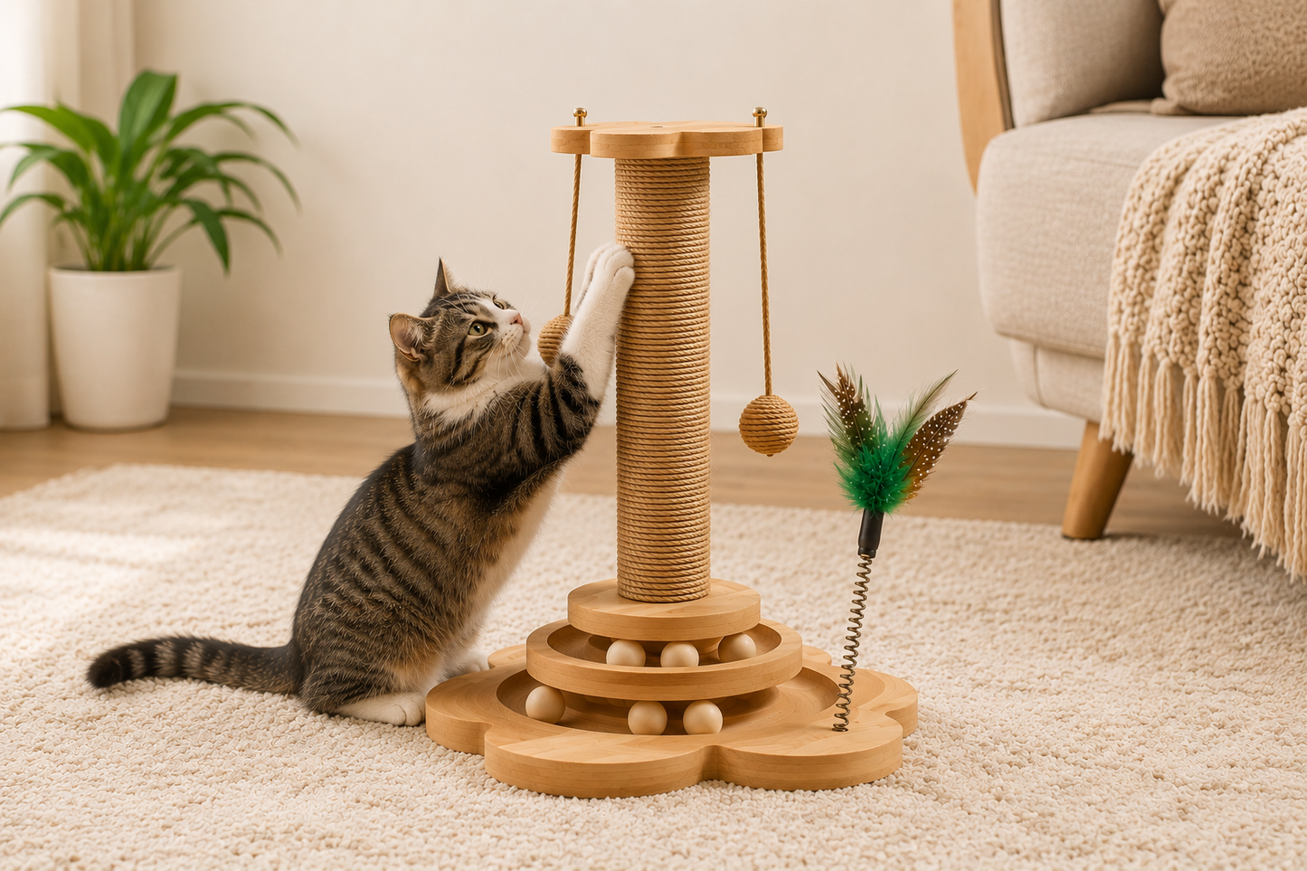 Interactive Track Cat Scratching Post – Two-Tier Ball Tower with Spring Teaser Feather Toy for Indoor Cats