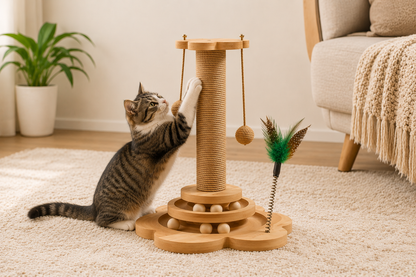 Interactive Track Cat Scratching Post – Two-Tier Ball Tower with Spring Teaser Feather Toy for Indoor Cats