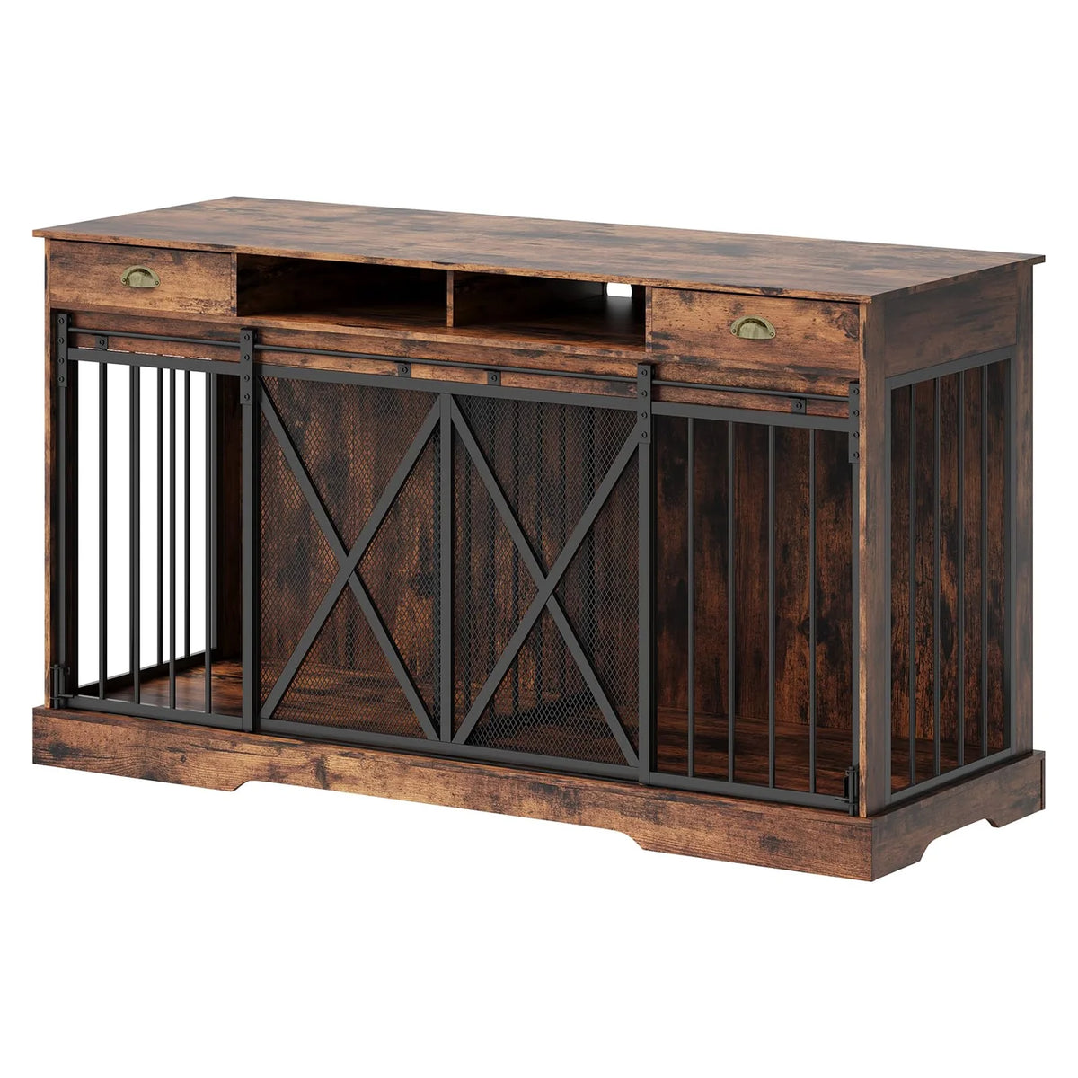 Kovup Double Sliding Dog Crate Furniture – Indoor Dual Kennel Credenza with Storage Drawers for Living Room